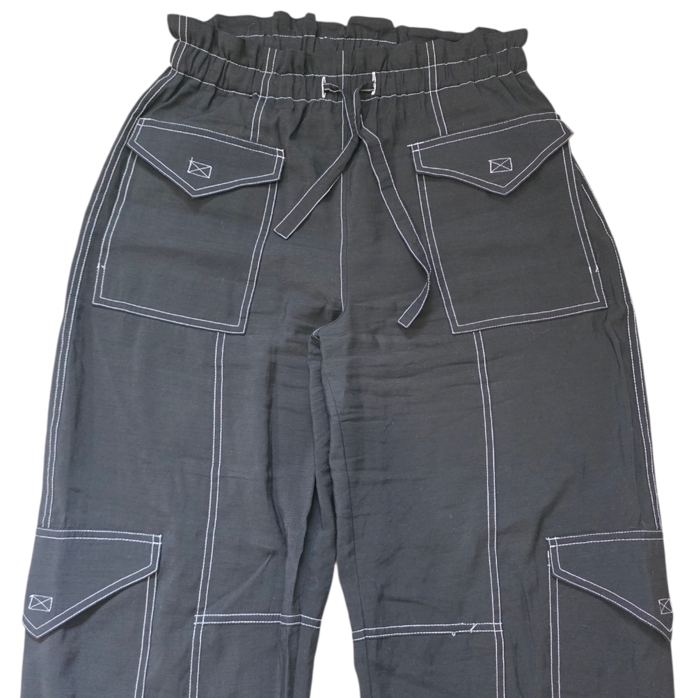 GANNI Wide Leg Cargo Pants Black with White Stitching Size 38 - Picture 5 of 11